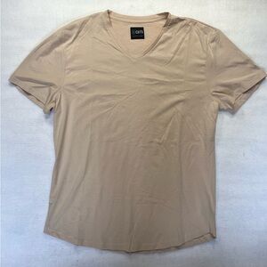 Cuts Curve-Hem Beige V-neck Shirt